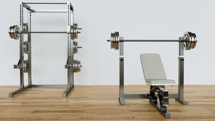 Weight training equipment in white empty room on parquet floor - 3D Rendering