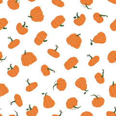 Cartoon halloween pumpkin seamless background. Different shapes and sizes orange gourd isolated on white background. Hand drawn various pumpkins. Vector illustration.