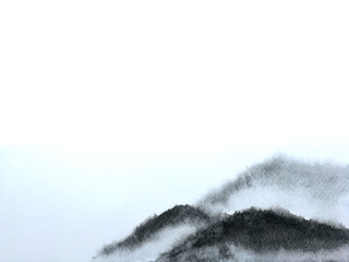 watercolor ink landscape chinese mountain fog . Traditional oriental. asia art style.isolated on a white background	
