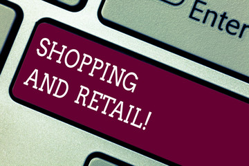 Word writing text Shopping And Retail. Business concept for place of business usually owned and operated by retailer Keyboard key Intention to create computer message pressing keypad idea