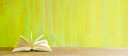 open book on green grungy background,reading, education, literature,learning, mock up, good copy space