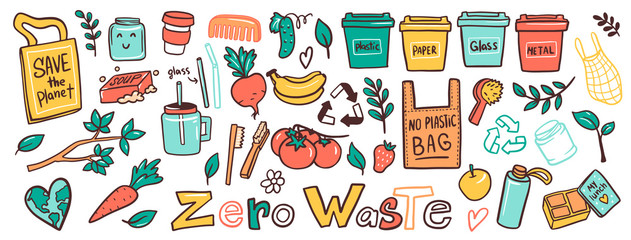 Zero waste lifestyle flat vector illustrations set