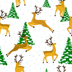 Deer in winter forest. Seamless pattern with hand drawn design for Christmas, New Year greeting cards. Print for kids fabric.