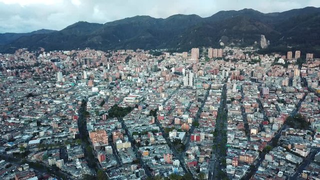 Aerial view of Bogota, Colombia. Drone footage of roads and buildings in this big city in South America 
