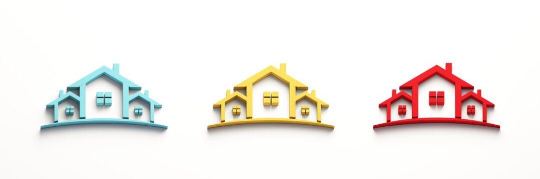 Red Blue Yellow Real Estate Houses Logo. 3D Rendering Illustration