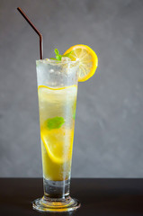 Mojito cocktail with lime and mint in high glass.