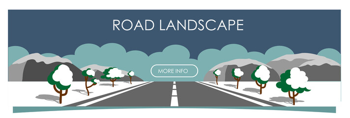 Vector illustration with beautiful  snowy winter landscape, road with asphalt, mountains and trees on the roadside