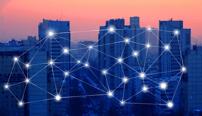 Network and connection technology concept on city background