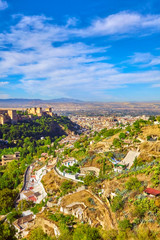 Panoramic view of the Alhambra and Granada and the Sacromonte in Spain.