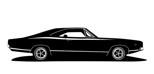 Vector american muscle car profile. Classic vehicle graphics design. Hot rod silhouette black and white.