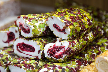 Turkish sweets Turkish delight and others in a shop window.