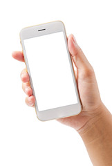 closeup hand using phone isolated on white background.