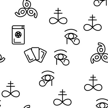 Occult, Demonic Entity Imagery Vector Seamless Pattern Line Illustration