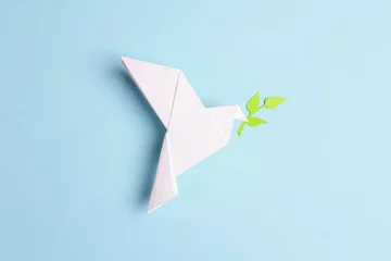 Fotobehang Paper origami dove of peace with olive branch on a blue background. © WindyNight