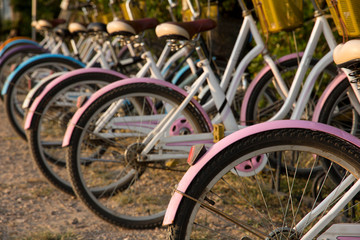Bicycle parking near the public park, Bicycles stand in a row on a parking for rent, Group of bikes in parking in Thailand.