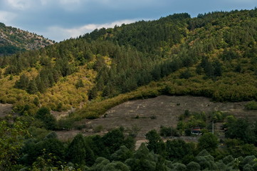 Fototapeta na wymiar Amazing autumn view of glade, field, peak, deciduous forest, trees and small village in Sredna gora mountain, Bulgaria 