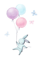 Waterverfkonijntje met de illustratie van luchtballons. Handbeschilderde konijnenvlieg. Schattige dieren geïsoleerd op een witte achtergrond. Cartoon haas.