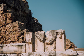 Bas-relief in the amphitheater of Turkey. The antique city. Excavations. Turkey, Side. Tour of...