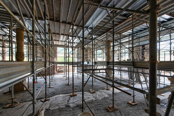 Internal construction site with scaffolding