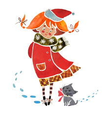 Winter meeting of a girl and a kitten