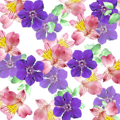 Fototapeta na wymiar Beautiful floral background of clematis and alstroemeria. Isolated