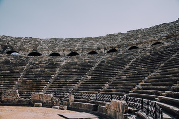 Ancient Turkish city. Side, Turkey. Remnants of the past. Antique theater.Active holidays in warm countries. Ruins of the old theatre. Antalya Province. Pamphylia.Amphitheater in Turkey