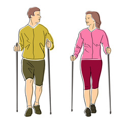 Nordic or scandinavian walking. Man and woman with sticks. Safe fitness for young couple. Black isolated contour and colors. Hand drawn style. Vector element. Colorful flat illustration.