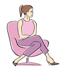 Young woman sitting in armchair in a closed pose. Silhouette of the interviewer, interviewee, correspondent, questioner or TV host.  Vector flat illustration. Isolated hand drawn style.