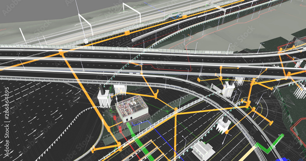 Poster the bim model of the object of transport infrastructure of wireframe view