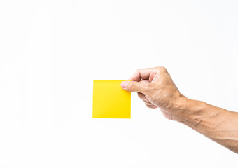 Man hand holding yellow post it on white background