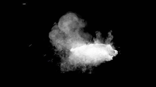 Bullet hits green powder causing dusty burst and scattering of pieces. The dust settles on the ground. Separated on pure black background, contains alpha channel.