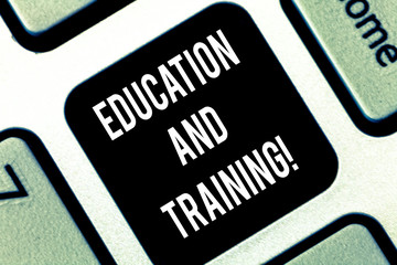 Conceptual hand writing showing Education And Training. Business photo showcasing acquisition of knowledge and skills thru training Keyboard key Intention to create computer message idea