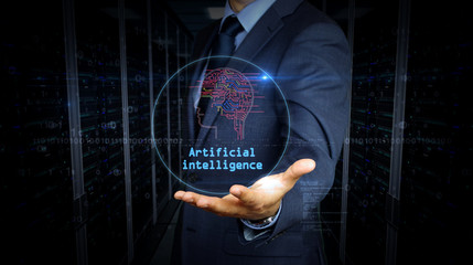 Businessman touch screen with artificial intelligence hologram