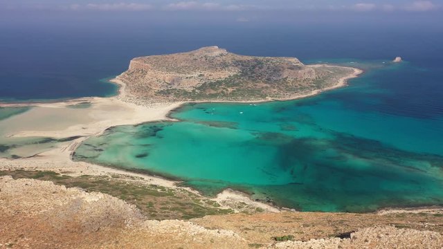 Aerial view on Tigani cape and Balos lagoon with sandy beach. Crete, Greece.