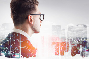 Businessman looking at city, startup interface