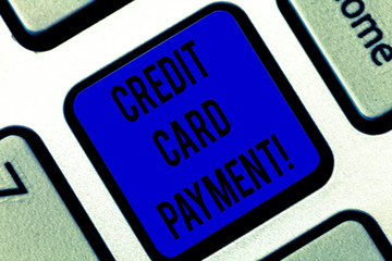 Writing note showing Credit Card Payment. Business photo showcasing made to buy something using smart way Input money Keyboard key Intention to create computer message pressing keypad idea