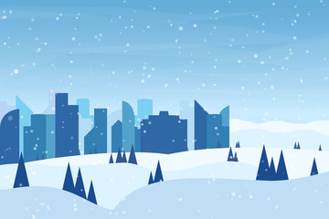 Obraz na płótnie Canvas Winter minimalistic landscape. Vector flat illustration. Snowfall. City near the park. Trees on the slopes. Simple background with free space for text