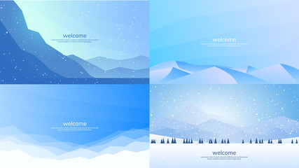 Vector illustration. Set of winter landscapes in flat minimalistic polygonal style. Mountains with snowfall, clear sky. Sunny daytime weather. Abstract landscapes. Snow wallpaper collection.