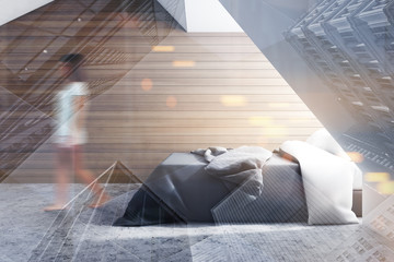 Woman walking in wooden bedroom