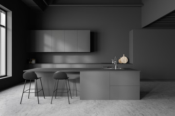 Gray kitchen interior with bar