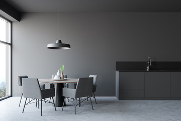 Gray dining room interior with countertop