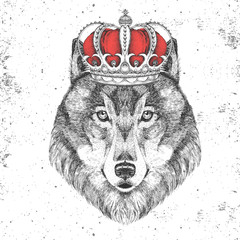 Hipster animal wolf in crown. Hand drawing Muzzle of wolf