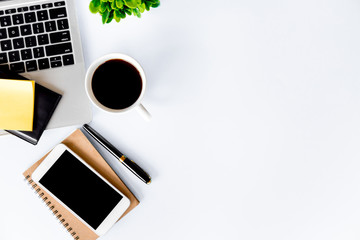 Top view of Office desk modern with workspace in office with copy space, flat lay.