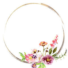 Wedding frame wreath bridal romanric rustic warm bouquet. Hand drawing watercolor pink and purple and orange flowers ornament