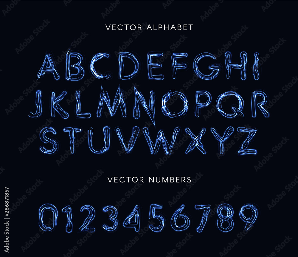 Aufkleber blue lightning style letters and numbers set. unusual plasma font, electricity lines alphabet, magic