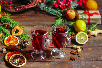mulled wine, a fragrant drink and a festive mood atmosphere - concept New Year, Christmas. food background. copy space