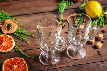 mulled wine, a fragrant drink and a festive mood atmosphere - concept New Year, Christmas. food background. copy space