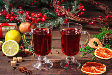 mulled wine, a fragrant drink and a festive mood atmosphere - concept New Year, Christmas. food background. copy space