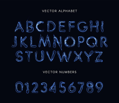 Blue lightning style letters and numbers set. Unusual plasma font, electricity lines alphabet, magic abc. Vector typeset.
