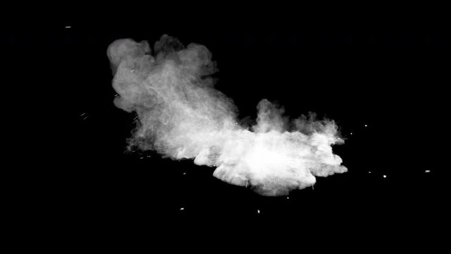 Bullet hits green powder causing dusty burst and scattering of pieces. The dust settles on the ground. Separated on pure black background, contains alpha channel.